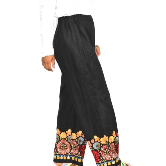 Black Linen Pant Embroidery Border Hem Floral Elastic High Waist Straight Medium - Picture 7 of 14